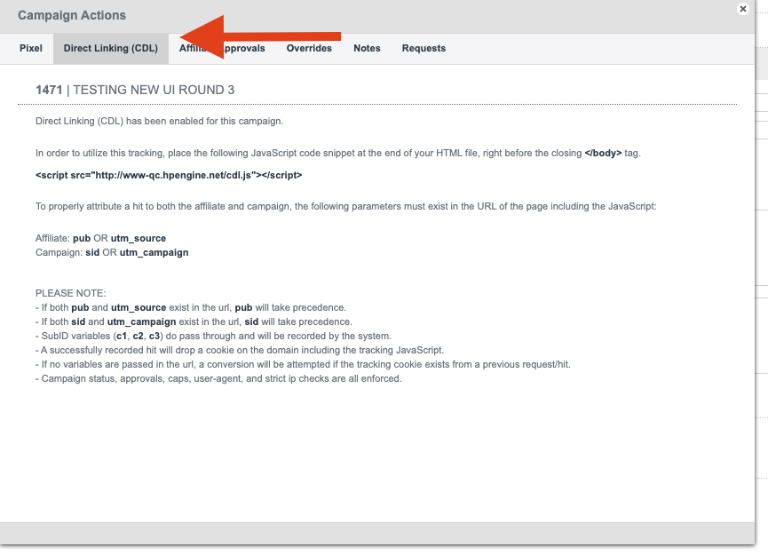Direct Linking CDL tab in Campaign Actions